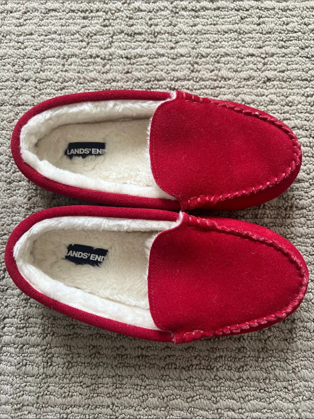 Lands' End Kids Red Suede Fuzzy-Lined Moccasin Slippers